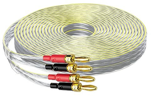 Mygatti 16/2 Speaker Flat Wire Cable with Banana Tip Plugs 35 FT, CL3 Rated, 16 Gauge AWG Wire, Tinned OFC Copper, Transparent Jacket with Yellow Polarity Marker, for Indoor & Outdoor, Hi-Fi Sound