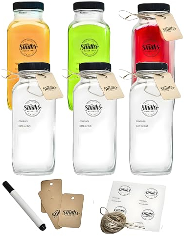 Smiths Mason Jars - Pack of 6, 500ml Glass Bottles with Lids - Leak-Proof, Spill-Proof Clear Juicing Bottles with Tags & Pen for Easy Organization- Ideal for Smoothies, Juice and Milkshakes