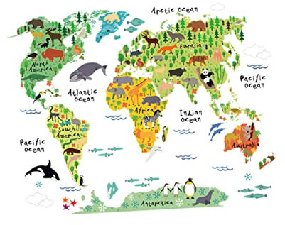TOYANDONA Adesivi Rimovibili Mappa Del Mondo e Adesivo Animale Adesivi Per Decalcomanie Da Parete Adesivi Murali Con Mappa Del Mondo Degli Animali Rimovibile Mondo Animale