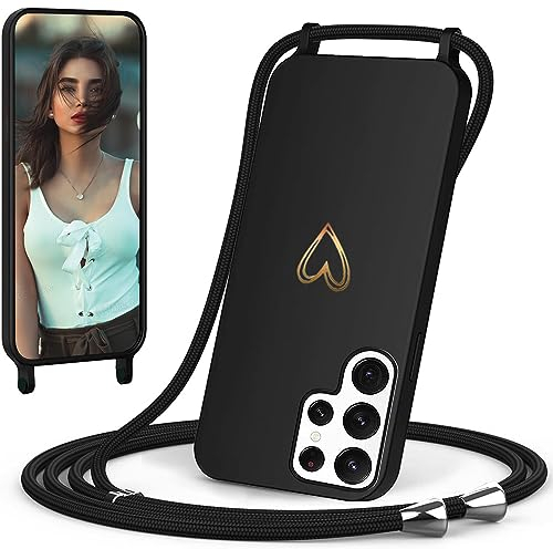 CaseLover Handyband für Samsung Galaxy S23 Ultra Hülle mit Band, Herz Muster Silikon Necklace Handyhülle mit Abnehmbar Kordel zum Umhängen Stossfest Bumper Handy Schutzhülle für S23 Ultra 5G, Schwarz