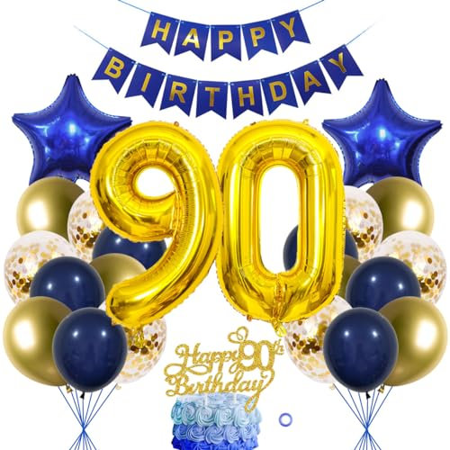 SNOWZAN 90. Geburtstag Dekorationen Blau Gold für Frauen und Männer - Luftballon Girlande, Tortendeko, 90 Jahre Deko