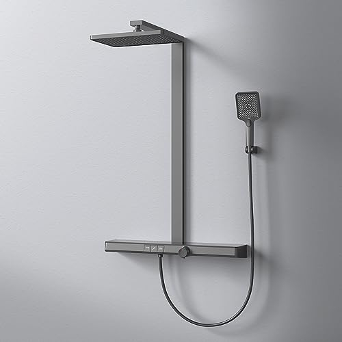 EMKE Duschsystem Duschset mit Theramostat Regendusche und Handbrause 3 Strahlarten, 71cm Thermostatische Platte, 36cm Regendusche, Freie Winkel- und Höhenverstellung, KTW Zertifizieren, Mattschwarz