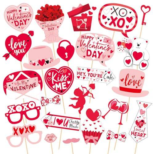 VIKY® Valentinstag Fotobox Accessoires,26 Stück Valentinstag Foto Requisiten,Party Deko Foto Requisiten,Foto Requisiten Hochzeit,Photo Booth Props Party Zubehör für Geburtstage, Hochzeit, Valentinstag