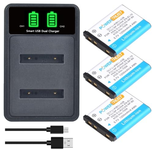 PowerTrust 3Pcs Li-42B NP-45 EN-EL10 Li-40B Akku und Ladegerät für Olympus FE-3000 TG-310 VG-165 VH-210 VR-310 X-875 VR-320 TG-310 TG-320 VR-330, für FujiFilm XP30 T205 T205 JX350