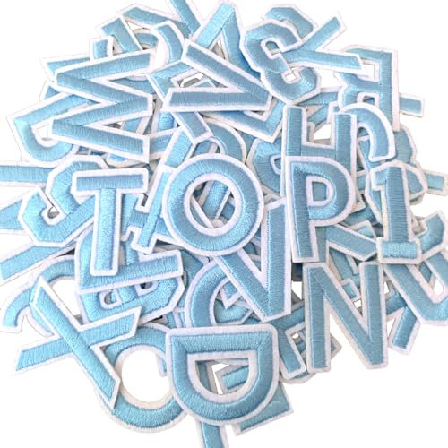 WILDREEDS 72 Pcs Letters and Numbers Patch, Alphabet A-Z Number 0-9 Embroidered Patches with Ironed Adhesive, DIY Iron Patches for Shirts Jackets Hats Jeans Shoes Bags (Light Blue)