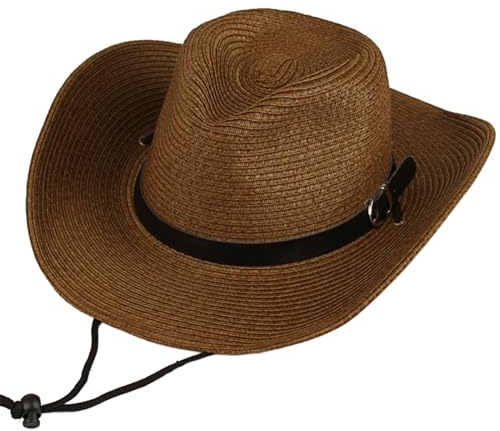 Straw Cowboy Hat for Women Men Womens Cowboy Hat Classic Western Cowgirl Hat Cowboy Hat Women with Belt Sun Hats with Wide Brim Vintage Style Unisex Fedora Beach Cap for Men Women (Straw, Brown)