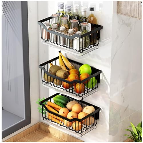 PIPOEI Cesta Colgante Frutero Pared, Organizador Estanteria Baño Pared, Cesta Colgante de Cocina Acero Inoxidable Negro, 3 Set, 34CM