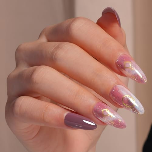 TOMICCA 24 Pièces Faux Ongles avec Colle, Paillettes Amande Moyen Artificiels Acryliques Pleine Couverture Capsule Français Ongle pour DIY Nail Art Décoration pour Femmes et Filles