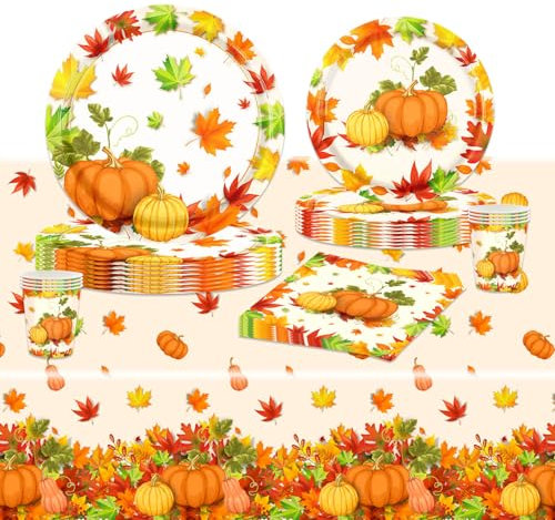 POPOYU Herbst Kürbis Papier Partygeschirr Set,69-teilig Herbst Tischdecke Pappteller Servietten und Becher,Herbst Geschirr Tischdeko für Herbst Thanksgiving Party Dekoration Partyzubehör(16 Gäste)