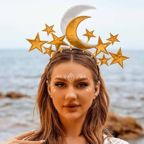 Reaky Stern Stirnband Gold Mond Haarband Sterne Kopfschmuck Göttin Heiligenschein Stirnbänder Karneval Haarschmuck für Frauen