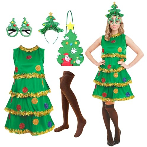 Ficlwigkis Christmas Tree Fancy Dress for Women Christmas Tree Costume Green Elf Costume with Headband,Glasses,Christmas Tree Dress,Socks,and Tote Bag for Christmas Cosplay Christmas Fancy Dress Adult