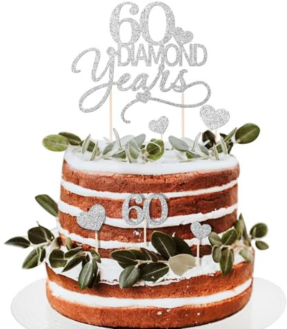 BOOMTOP 7Pcs 60 Diamond Years Cake Toppers Silver Glitter 60th Diamond Wedding Anniversary Birthday Cake Toppers Heart Cake Decoration for 60th Celebration Party Supplies