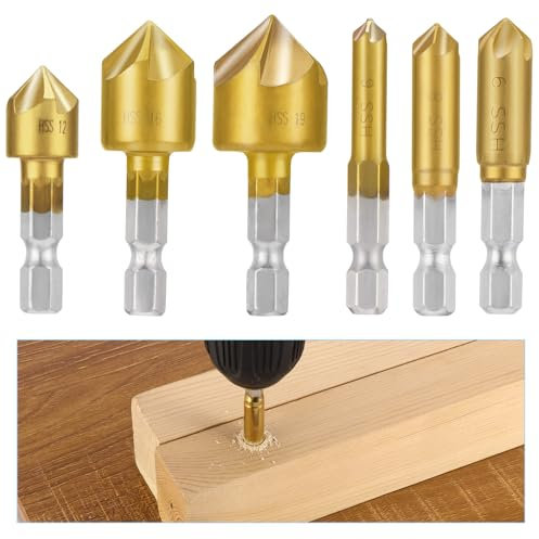 Mynoozi 6 PCS Countersink Drill Bits Set Hss Countersink Drill Bits 5 Flute 90 Degree Center Countersink Bits Hex Shank Chamfering Drill Bits for Wood Quick Change Bit 6-19mm