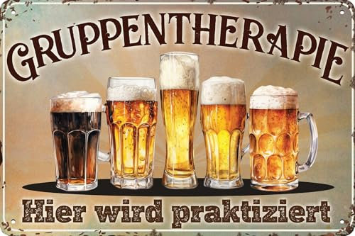 Großes 30 x 40 cm Blechschild, Wandschild, Türschild für Bier Fans, lustiger Spruch: Gruppentherapie, hier wird praktiziert!