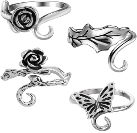 Piriuuo 4 Stück Häkelringe für Finger, Verstellbare Häkelringe Finger Häkelspannungsring Blumen und Schmetterlingsgarnring zum Häkeln Fingerhut Zubehör für DIY Handwerk Häkelgeschenke Häkelliebhaber