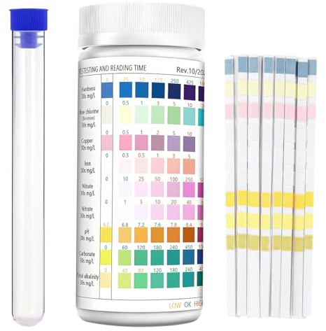 200 Tiras de Prueba 9 en 1 para Agua de Acuario: pH, Nitrito, Nitrato, Cloro, Dureza Total, Hierro, Cobre. Prueba Rápida para Agua Potable, Agua de Piscina, Acuario, Agua de Pozo y Agua del Grifo.