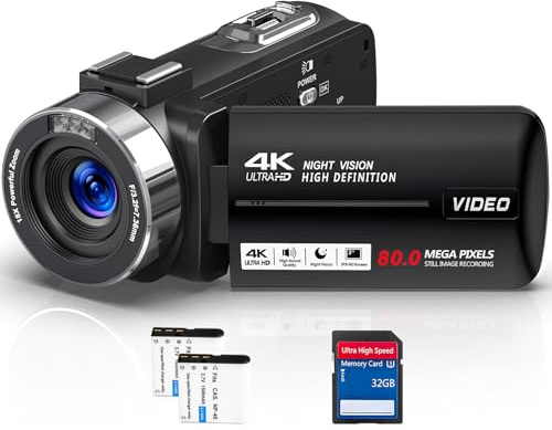 Zyphrae 4K 80MP HD Video Camera with 18X Digital Zoom, Infrared Night Vision, 3.0 Rotatable IPS Screen, Webcam Function, 2 Batteries & 32GB SD Card – Vlogging Camera for YouTube