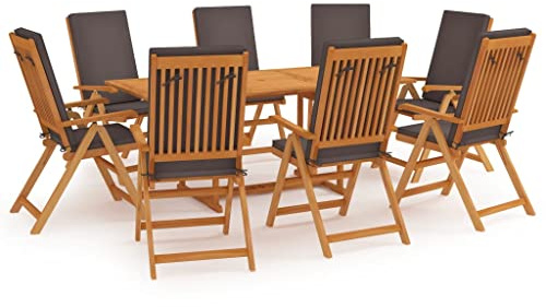 QJBSAVVA 9-TLG Teak Gartenmöbel Set 180x90 cm Tisch & Klappstühle, graue Kissen, 5-Fach Lehne, Sonnenschirmloch