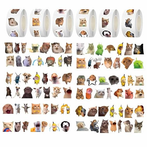 500 Katzen-Emoji Sticker Rollen, Wasserdichte Vinyl Süße Aufkleber, Lustiges Katzen Sticker Set Für Laptop, Sammelalbum, Tagebuch, Koffer, Handyhülle, Wasserflasche (6 Rollen, 500 Sticker Pro Rolle)