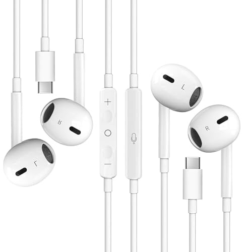 USB C Headphones for iPhone 17-2 Pack Type C Earphones for iPhone 15/16 Pro Max/Plus USB C Headphones Built-In Microphone and Volume Control Wired Earphones USB C for Galaxy S23/22/21/20 Ultra-White