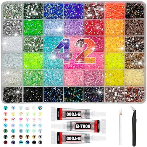 PICKSMOCUB 42 Colours Bedazzling Kit with Glue and 32000PCS Pen 3mm Flatback Rhinestones Bedazzler Kit for Crafts Nail Art Phone Cases Clothes Shoes DIY Bling Gems Set with Tweezers Storage Box