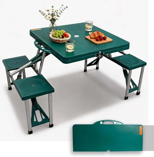 Mesa de Camping Plegable con 4 Asientos Integrados, Mesa Picnic Portátil con Orificio para Sombrilla, Estructura de Aluminio Resistente hasta 100 kg, Compacta tipo Maletín para Exterior, Jardín Playa