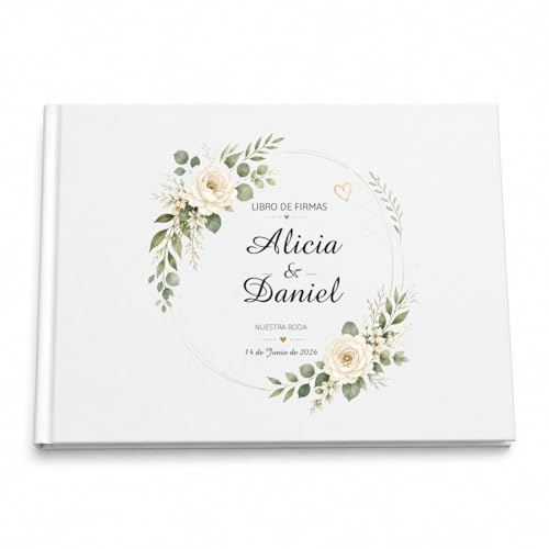 CALLEDELREGALO Libro de firmas Personalizado | Cubierta Blanca personalizada | 40 páginas | Libro de visitas (Boda flores)