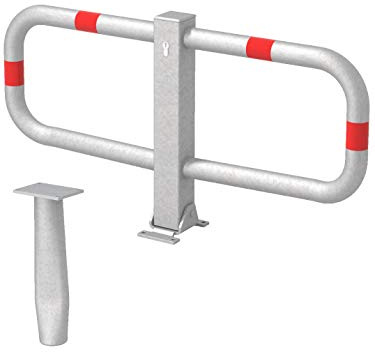 Alberts 770013 Parkplatzbügel Stoppy I | wahlweise in verschiedenen Ausführungen | zum Einbetonieren, umlegbar | feuerverzinkt, mit roten Ringen | 450 x 950 mm