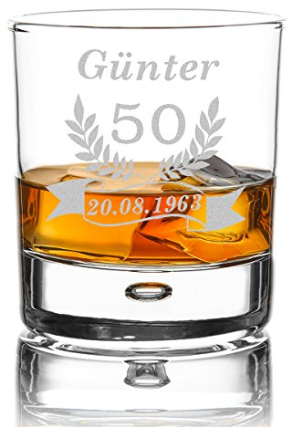 polar-effekt Whiskeyglas mit Gravur - graviertes Tumbler personalisiert - Glas als Geschenkidee für Männer, für Papa - Geschenk für Freund zum Geburtstag - Motiv Jubiläum Ährenkranz Banner