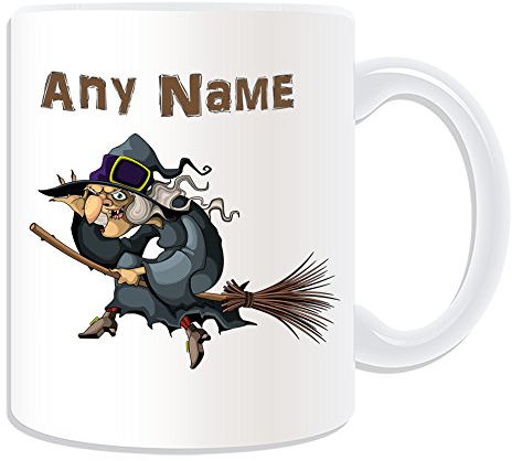 Tasse mit Hexe auf Besen, personalisierbar, Weiß