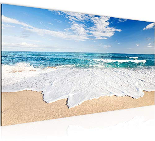 Runa Art Wandbild Strand Meer 1 Teilig 100 x 40 cm Modern Bild auf Vlies Leinwand Welle Schlafzimmer Wohnzimmer Beige Blau 607312c