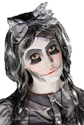 Smiffys Damaged Doll Make up Set, Aqua,Schwarz, Klebetattoos, Schminke, Wimpern, Schwamm & Bürste