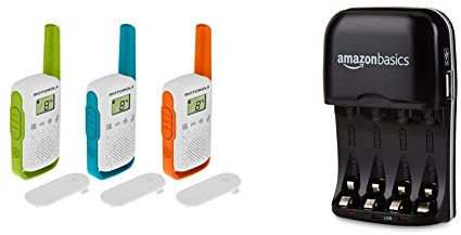 Motorola Talkabout T42 Triple PMR-Funkgeräte (3er Set, PMR446, 16 Kanäle, Reichweite 4 km) & Amazon Basics Batterieladegerät für NI-MH AA/AAA Akkus und USB Geräte