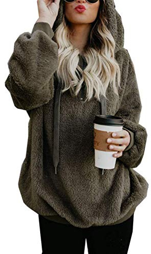iChunhua Womens Casual Plain Long Sleeve Jumper Loose Fluffy Fleece Hoodie Sweatshirt with Pockets Army green XX-Large