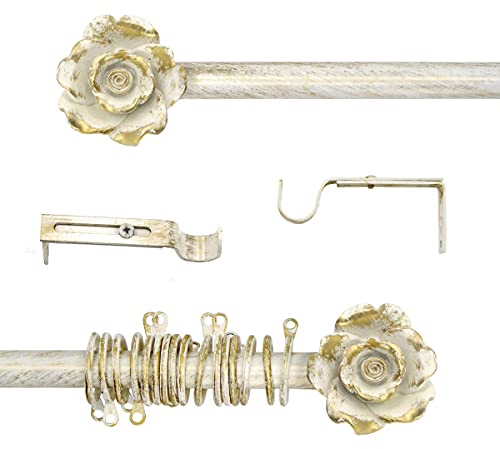 Gardinenstange Ausziehbar, Vorhangstange Gardinenstange variable Länge Landhaus Shabby Chic - Rose - 120-210 - Durchmesser 2 cm - Hell Creme/Gold - Metall