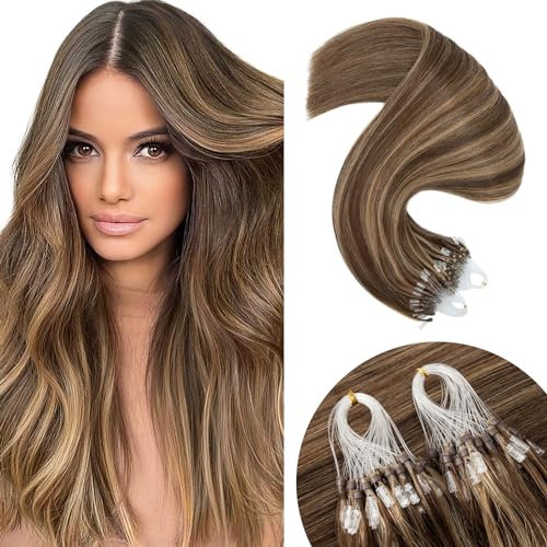 Elailite 1g Micro Loop Hair Extensions Micro Ring Beads 50 Strands 50g - Hair Extensions Real Remy Hair Straight Cold Fusion (#4/27 Medium Brown Mix Dark Blonde, 16 Inch)