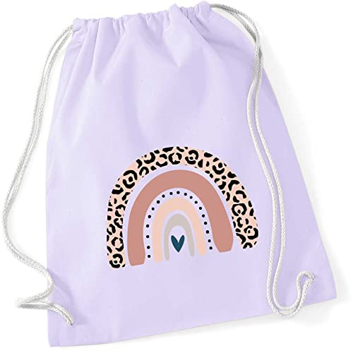 Turnbeutel für Kinder Baumwolle mit Regenbogen in Rosé | Motiv LEO-Print für Mädchen | Stoffbeutel Rucksack zum Zuziehen mit Kordel (pastelllila)