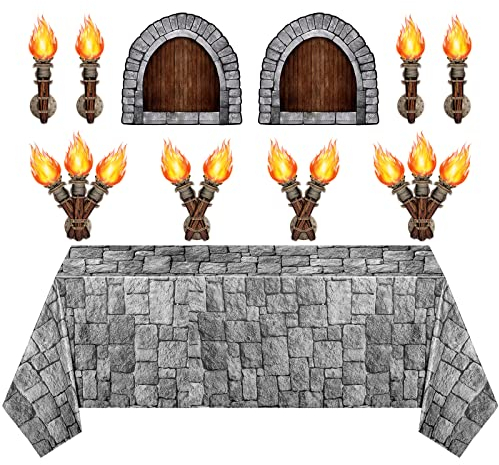 11-teiliges mittelalterliches Szenen-Setter-Set für Fenster, Taschenlampen, Requisiten, Partyzubehör, Kunststoff, Ziegel, Tischdecke, Ritter-Themen, Tisch, Wanddekoration (rustikales Fenster)