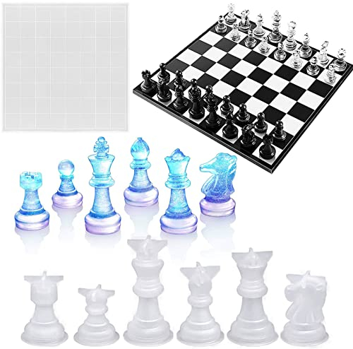 TROYSINC 7 piezas de madera de ajedrez de resina epoxi, juego con tablero de ajedrez, molde de silicona y figuras de ajedrez, resina epoxi para manualidades (7 piezas)