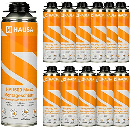 HAUSA HPU500 Maxx Mousse au Pistolet B2 Mousse de Montage Rendement Extrêmement Élevé Jusqu'à 48L Excellentes Propriétés d'Isolation 12x 500 ml Gris
