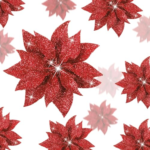 Chunyin 24 Pezzi 3 Dimensioni Fiori di Poinsettia di Natale Fiori Artificiali di Magnolia per Albero di Natale Fiori Finti Glitterati Natalizi con Clip Decorazioni per Festa Capodanno (Rosso)