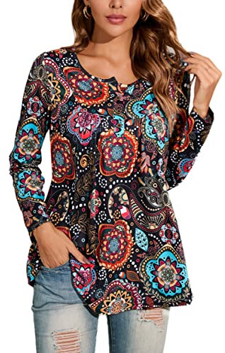 Enmain Tunica Casual da Donna Top Floreale Manica Lunga Pieghettato da Donna Top Altalena Camicetta Allentata Bottoni Up Scollo a V Tunica T Shirt Taglie Forti per Donna Nero 3XL