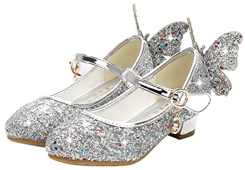 JLHu Ragazza Scarpe Principessa Elsa Tacco Alto Scarpe per Costume Punta Chiusa Regina delle Nevi Serata Carnevale Natale Festa Regalo Cenerentola Bambino Sandali Antiscivolo, argento, 27 EU