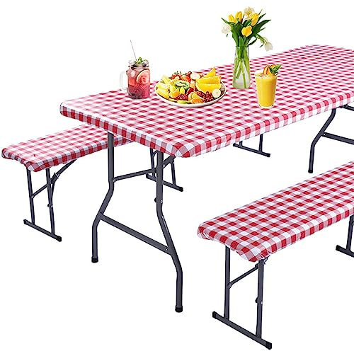 Highdi Bierzeltgarnitur Klappbar 3tlg, Tischdecke Rechteckige und Elastische Banküberzüge Abwischbare Wasserdicht Tischdecke für Indoor Outdoor Picknick Camping Partys (72x30 Zoll,Rot kariert)