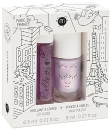 Nailmatic Kids Lovely City Set de pintura infantil + brillo de labios infantil afrutado – esmalte de uñas no tóxico para niñas – color rosa nacarado + brillo de labios natural color zarzamora – a