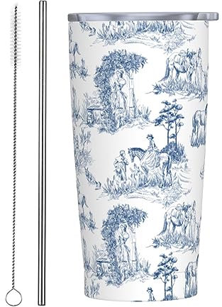 Blue Vintage Toile De Jouy 20oz Insulated Stainless Steel Tumbler With Lids And Straws Stainless Steel Double Wall Vacuum Insulated Travel Coffee Mug Leak-Proof Lid & Flip Lid For Hot And Cold Drinks