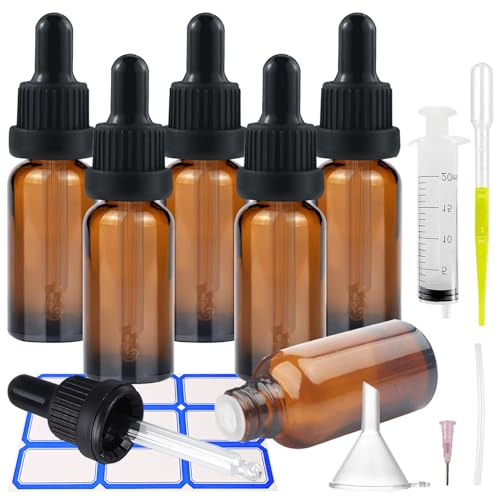 Impoditiongs Lot de 6 flacons compte-gouttes de 30 ml, Mini Flacon Compte Goutte, Bouteilles en Verre Vide avec Compte-gouttes Verre Pipettes et Entonnoir, pour Huile Essentielle (Marron)