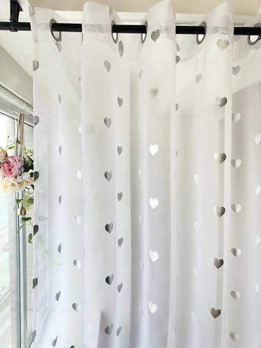 Devola Gardine mit Glanzdruck Transparent Vorhänge Voile Gardinenschal Wohnzimmer Gardinen Sterne Kinderzimmer Schiebevorhänge Modern HxB 245x140cm Herzmuster mit ösen 1 Stück