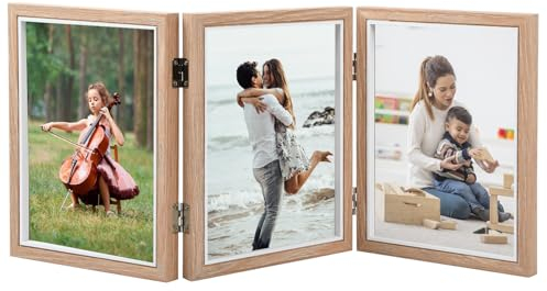 Ehuihuan Bilderrahmen 3 Bilder, Bilderrahmen Holz, Doppelt Collage Fotorahmen, Bilderrahmen Collage mit Scharnier Dreifach, Bilder Holzbilderrahmen für Büro, Hochzeit, Familie (6 Zoll-Dreifach)