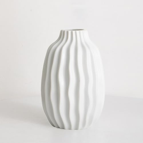 Keramik Vase Weiß, Gerippte Vasen für Blumen & Pampasgras, Modern Klein Blumenvasen für Home Wohnzimmer Bauernhaus Esstisch Büro Dekor - Weiß, 20 x 8 x 4 cm
